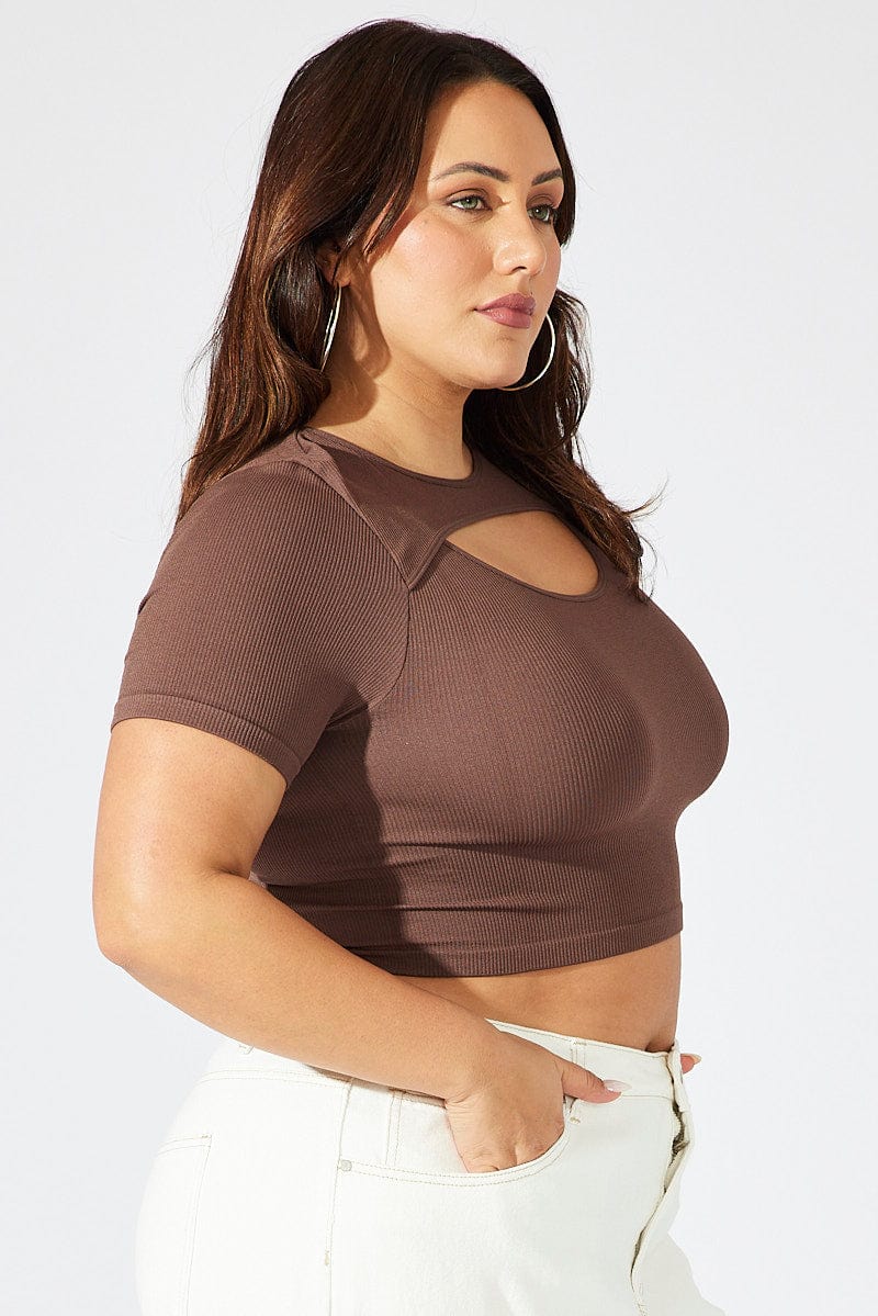 Brown Cut Out Top Short Sleeve Crew Neck Seamless - Image 4