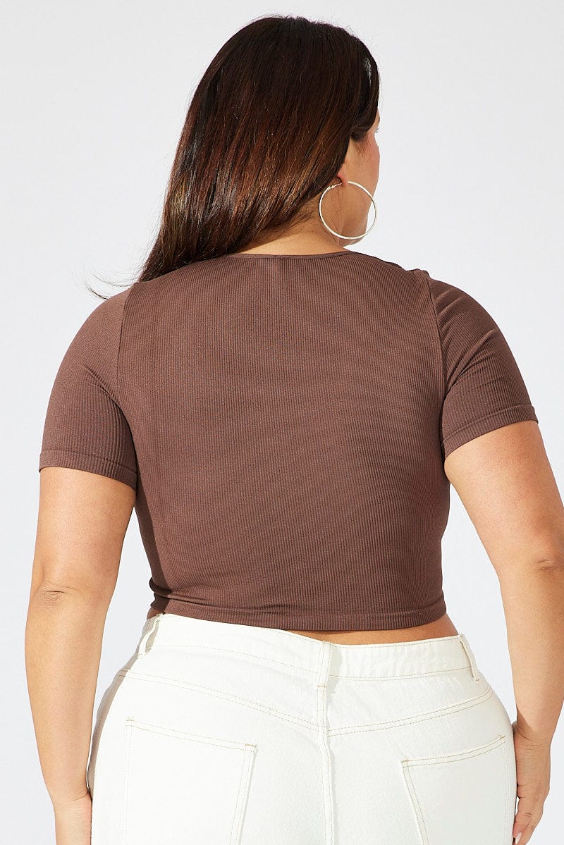 Brown Cut Out Top Short Sleeve Crew Neck Seamless - Image 5
