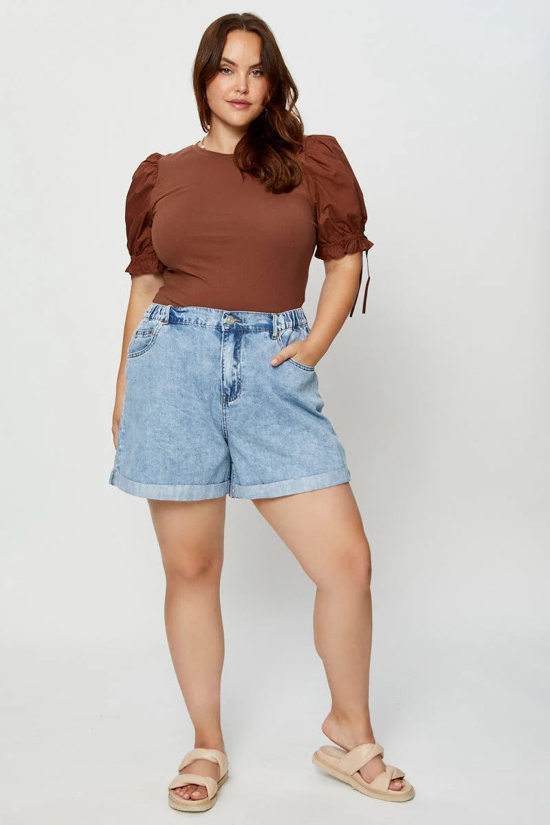 Brown Detail Top Crew Neck Puff Sleeve Cotton Tie - Image 2