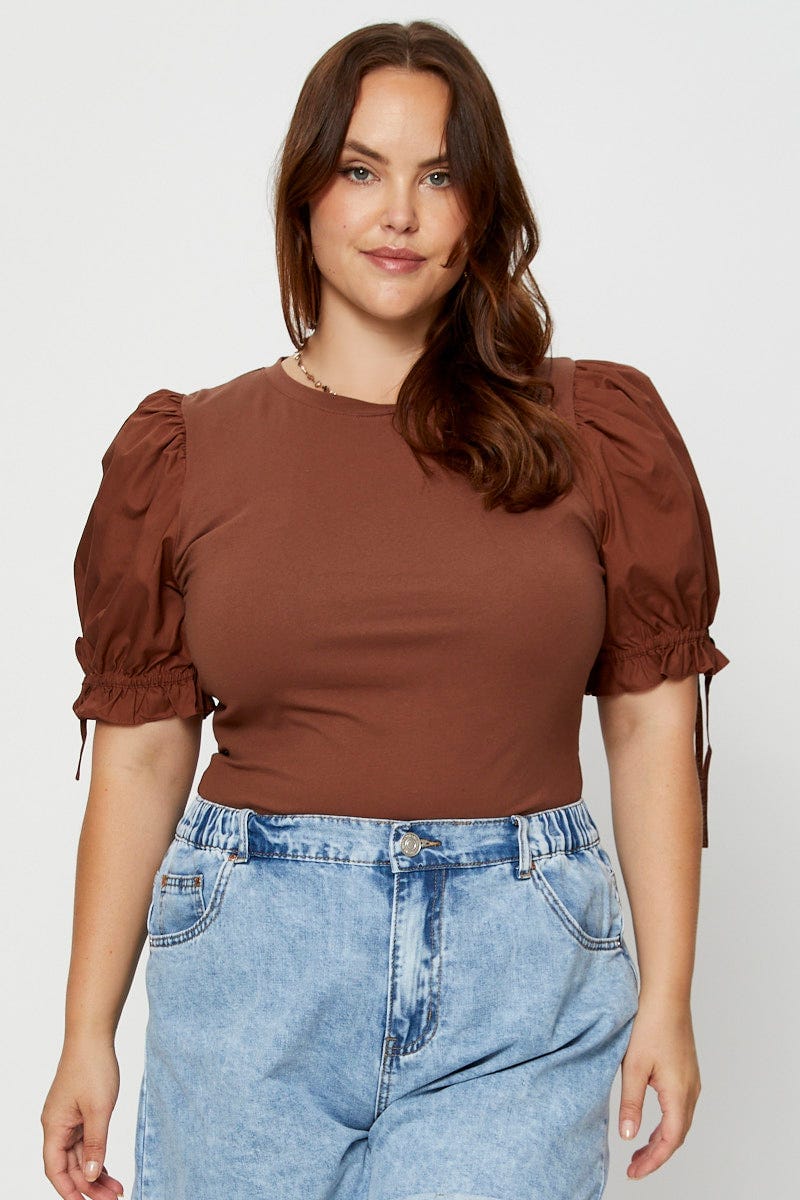 Brown Detail Top Crew Neck Puff Sleeve Cotton Tie - Image 3