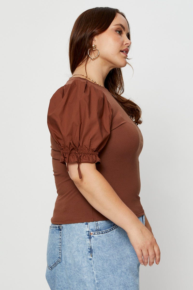 Brown Detail Top Crew Neck Puff Sleeve Cotton Tie - Image 4