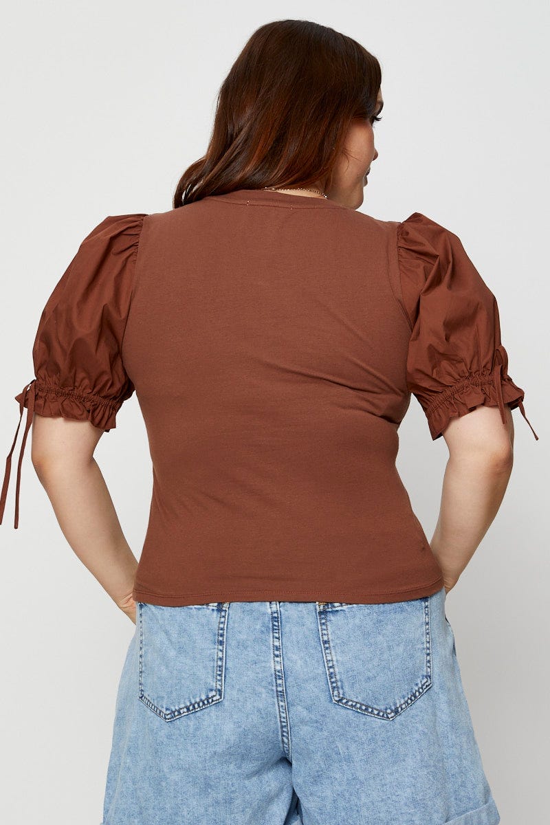Brown Detail Top Crew Neck Puff Sleeve Cotton Tie - Image 5