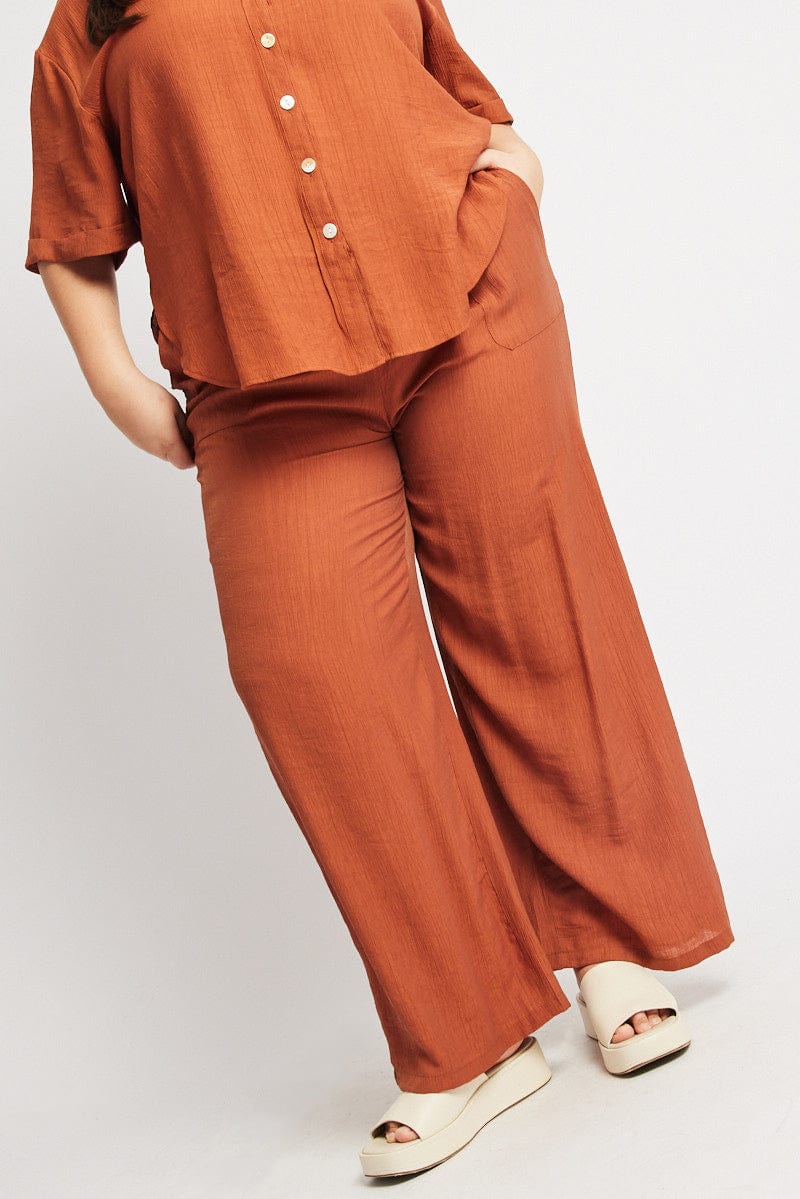 Brown Drawstring Waist Wide Leg Textured Pants - Image 2