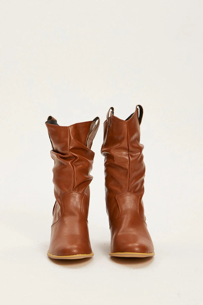 Brown Faux Leather Cowboy Boots - Image 2