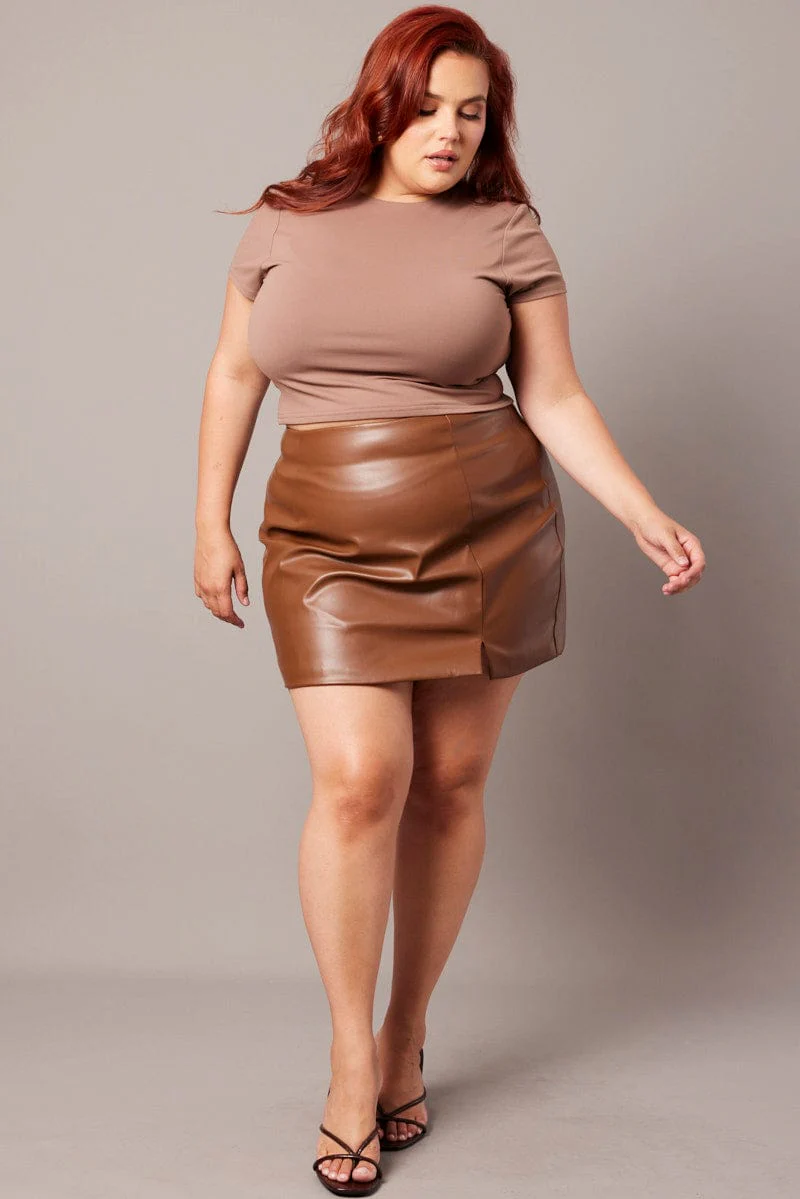 Brown Faux Leather Split Front Mini Skirt - Image 2
