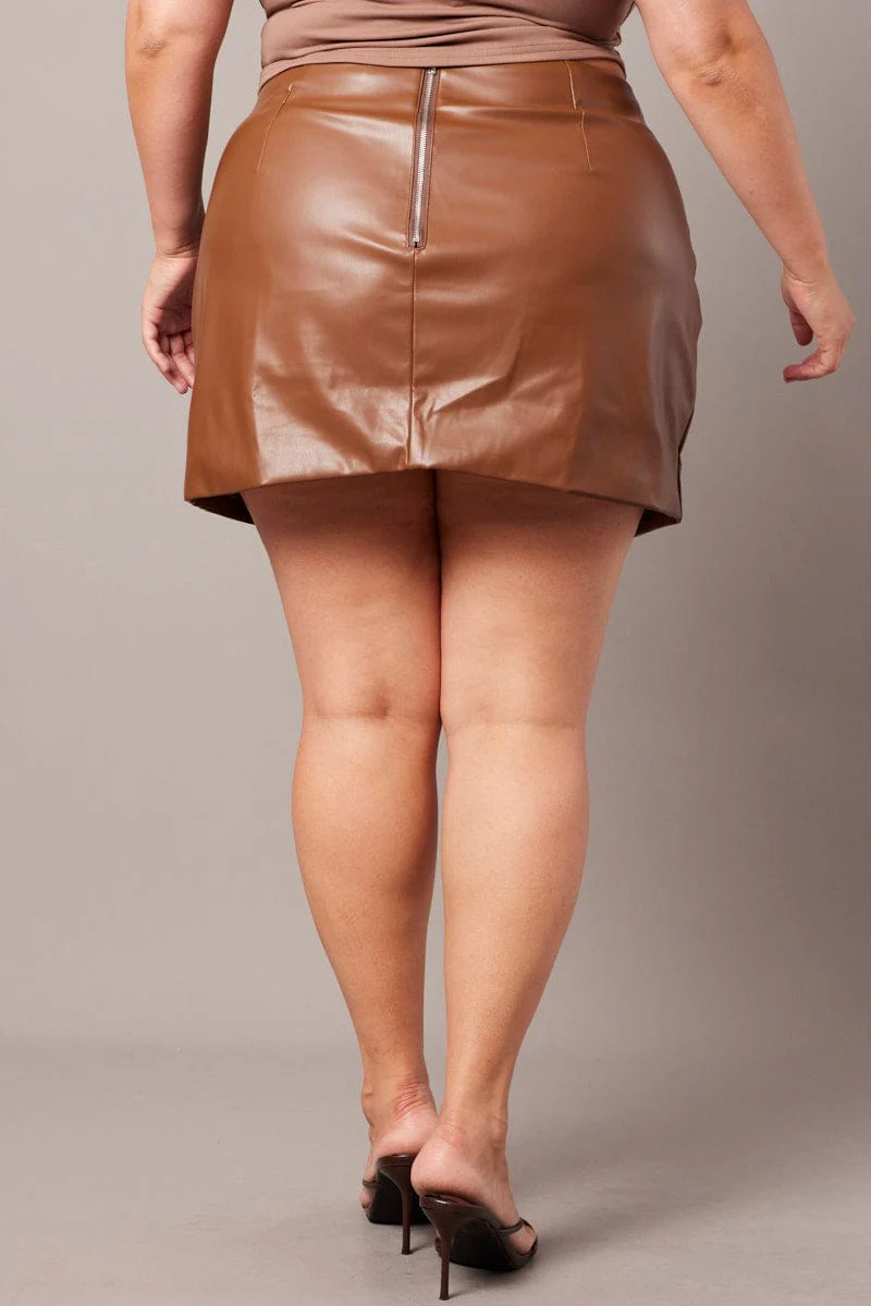 Brown Faux Leather Split Front Mini Skirt - Image 5