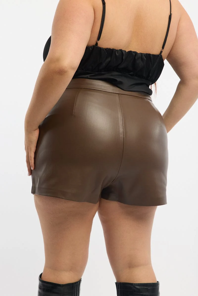 Brown Faux Leather Wrap Skort Shorts - Image 4