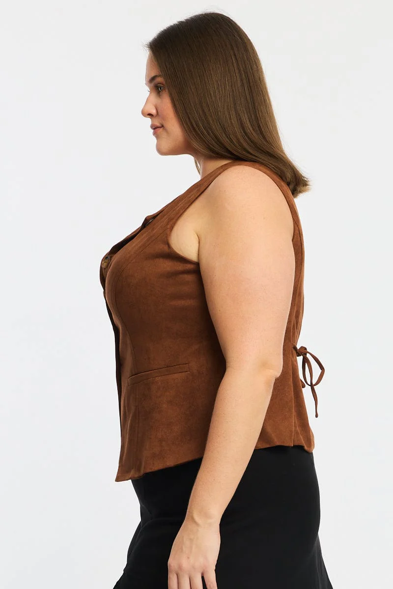Brown Fitted Button Through Sleeveless Vest - Image 4