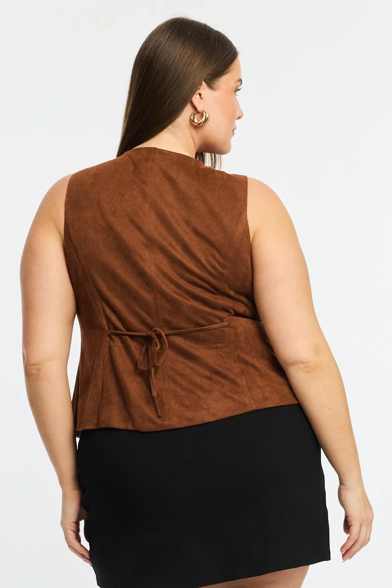 Brown Fitted Button Through Sleeveless Vest - Image 5
