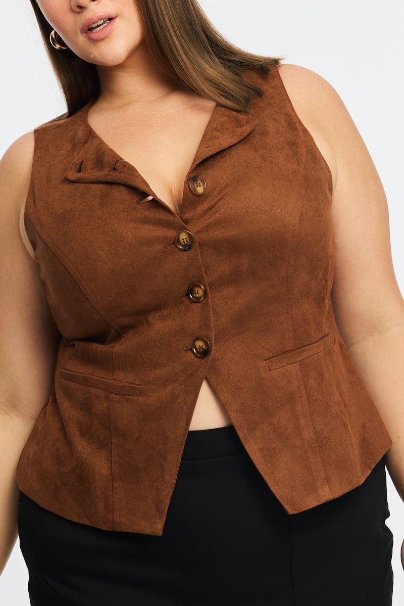 Brown Fitted Button Through Sleeveless Vest - Image 6