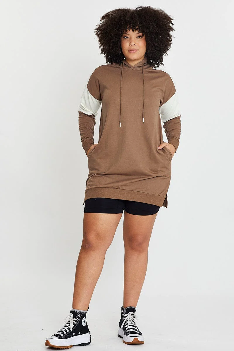 Brown Fleece Hoodie Splice Long Sleeve - Image 2