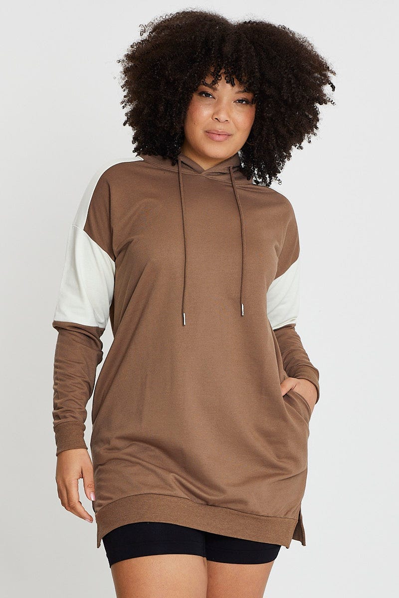 Brown Fleece Hoodie Splice Long Sleeve - Image 3