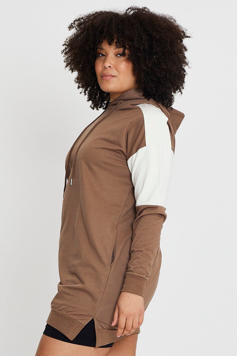 Brown Fleece Hoodie Splice Long Sleeve - Image 4