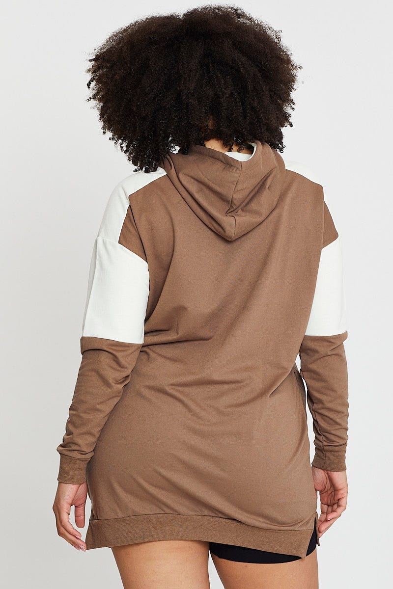 Brown Fleece Hoodie Splice Long Sleeve - Image 5