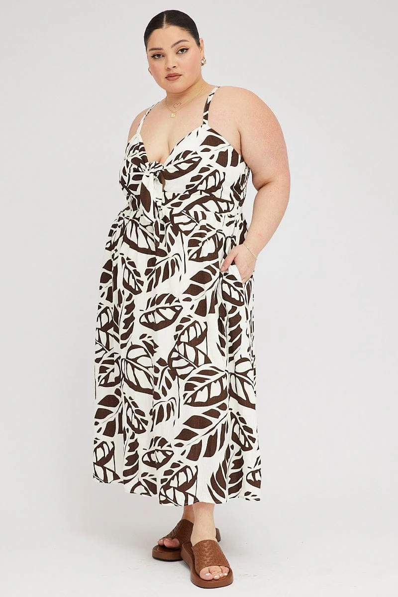 Brown Floral Midi Dress Linen Blend Sleeveless Pocket Front - Image 2