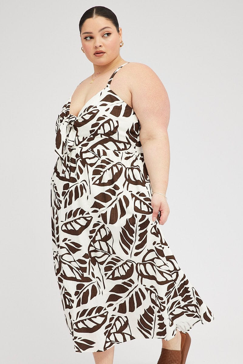 Brown Floral Midi Dress Linen Blend Sleeveless Pocket Front - Image 3
