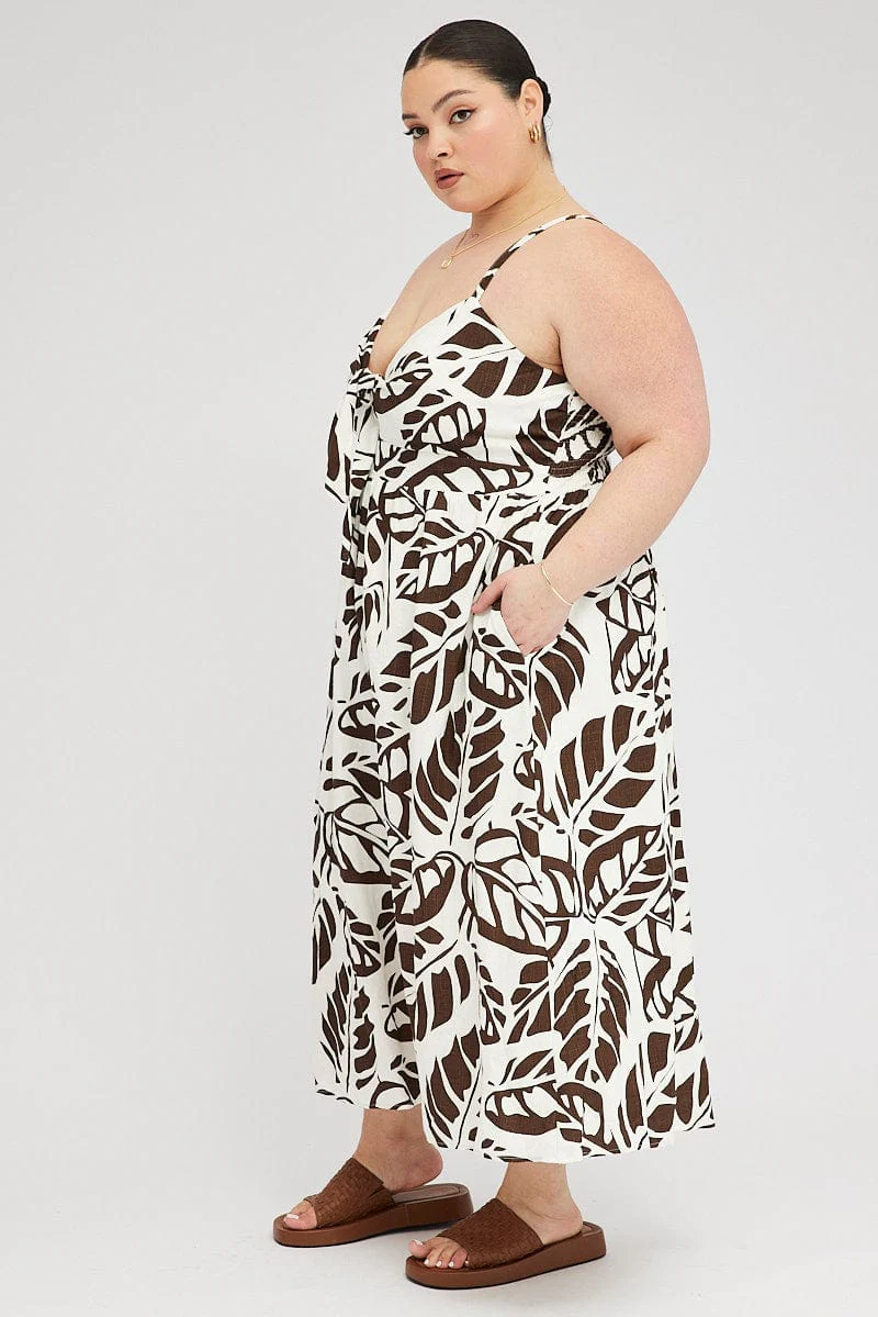 Brown Floral Midi Dress Linen Blend Sleeveless Pocket Front - Image 4