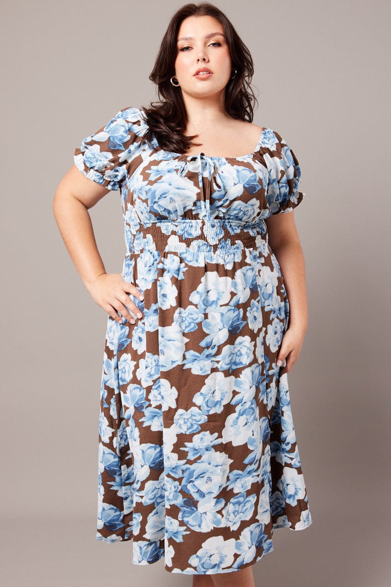 Brown Floral Midi Dress Short Sleeve Ruched Bust - Image 2