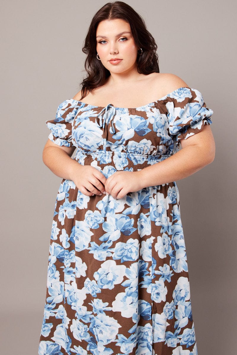Brown Floral Midi Dress Short Sleeve Ruched Bust - Image 3