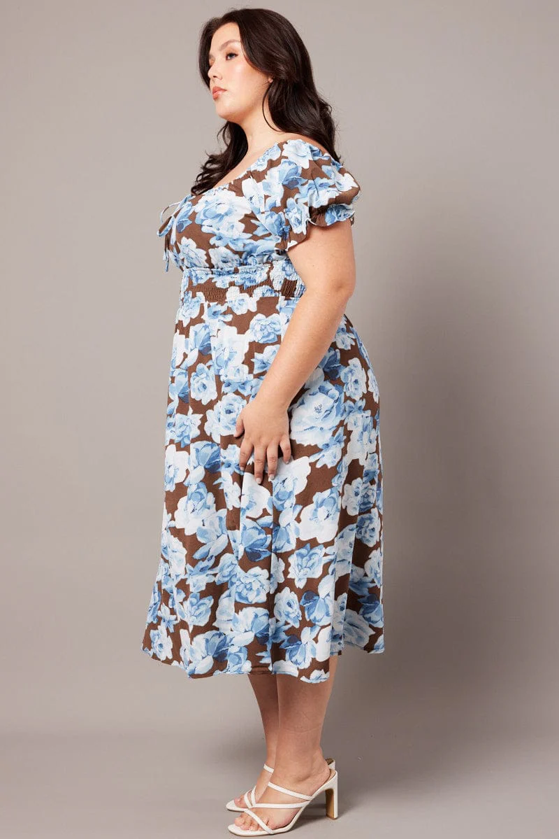 Brown Floral Midi Dress Short Sleeve Ruched Bust - Image 4