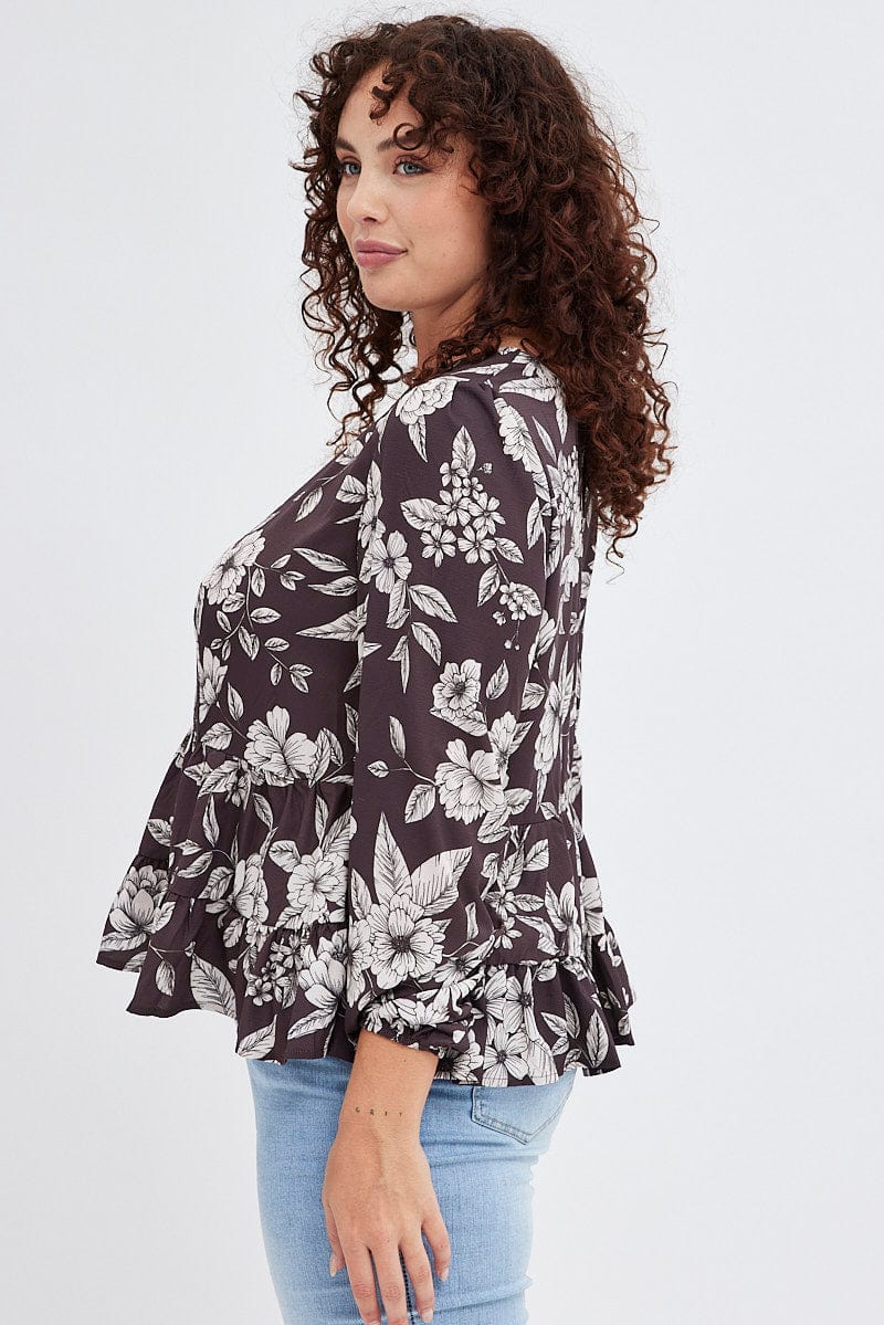 Brown Floral Smock Top Long Sleeve Tiered - Image 4