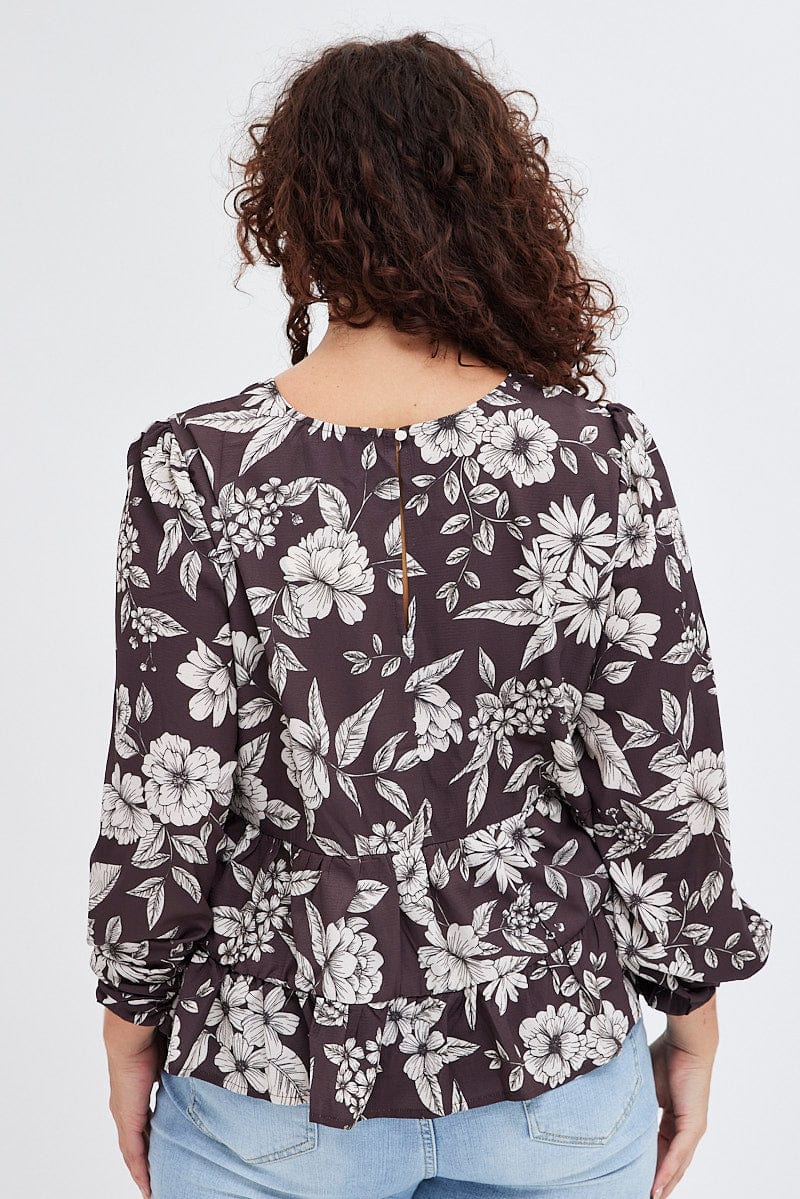 Brown Floral Smock Top Long Sleeve Tiered - Image 5