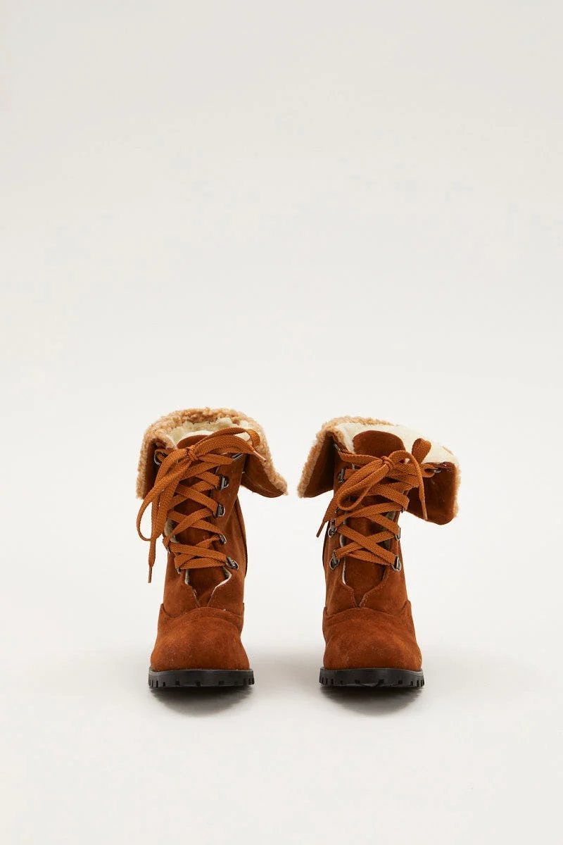 Brown Fur Trim Heeled Hiking Boots - Image 3