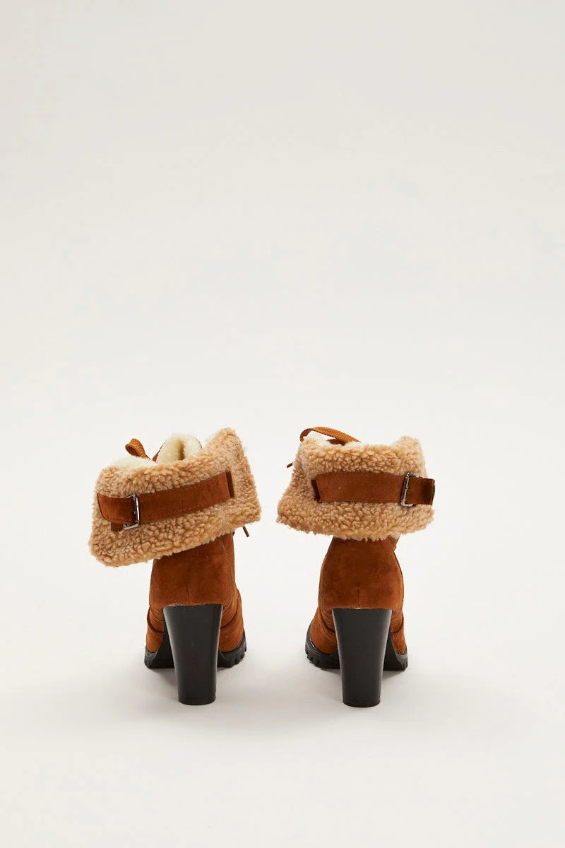Brown Fur Trim Heeled Hiking Boots - Image 4