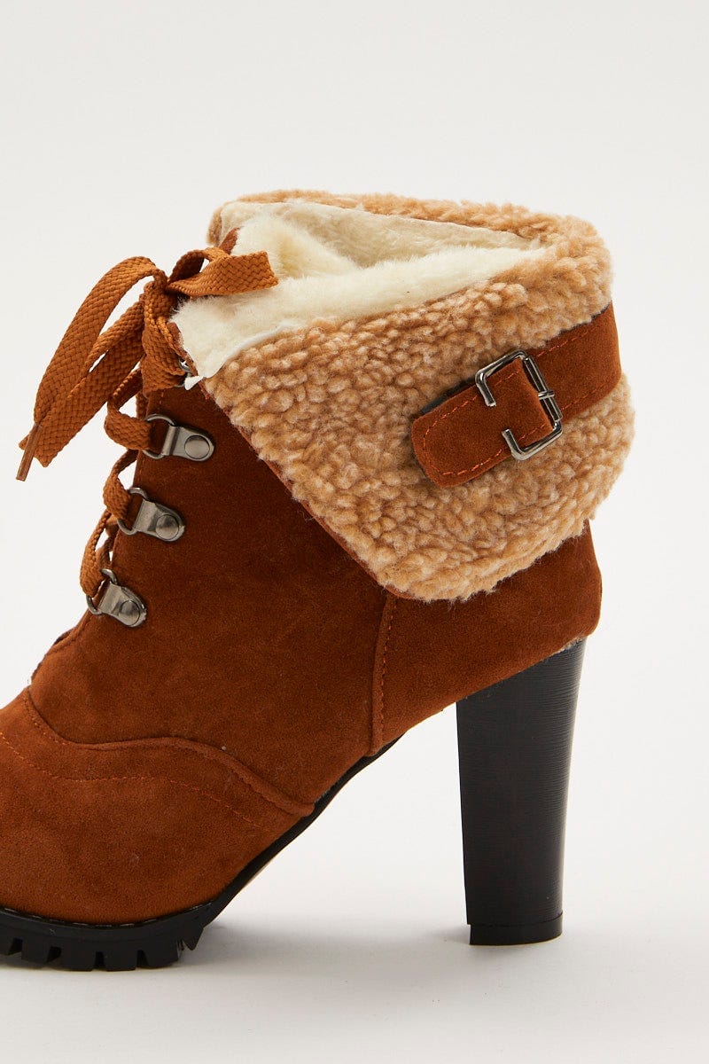 Brown Fur Trim Heeled Hiking Boots - Image 5