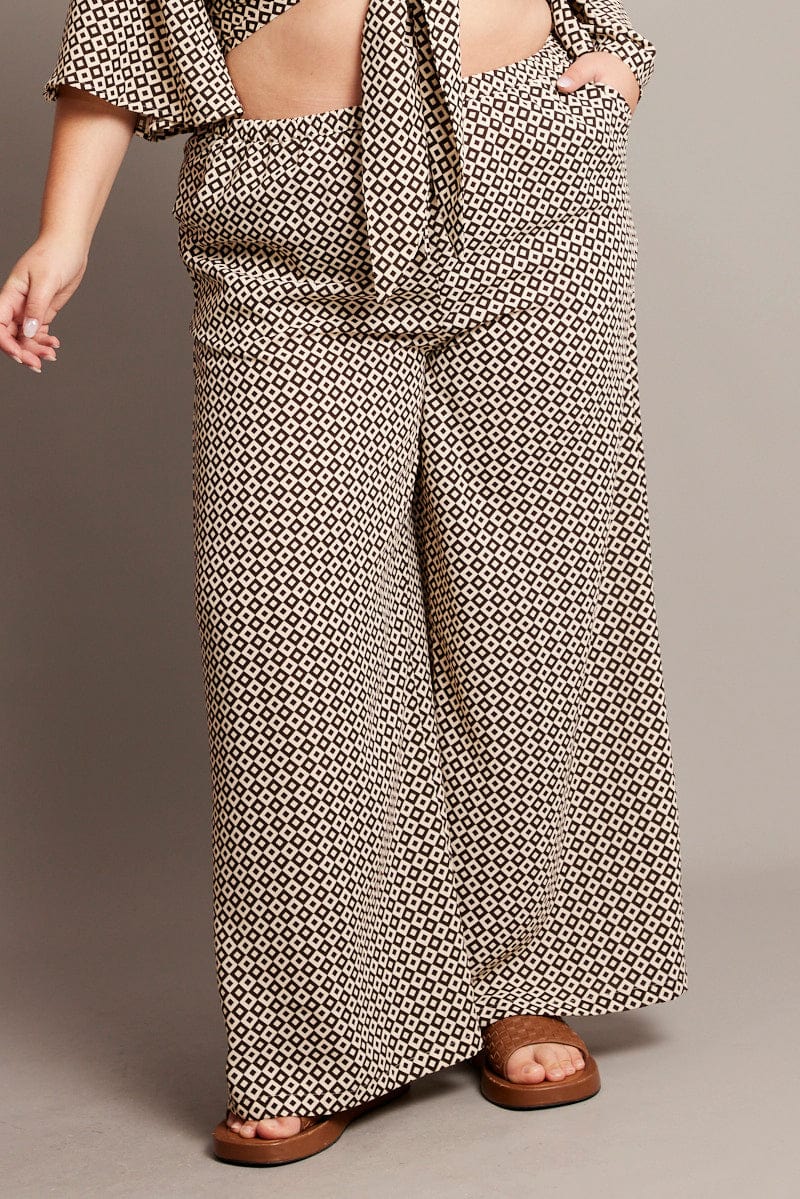 Brown Geo Drawstring Waist Wide Leg Pants - Image 2