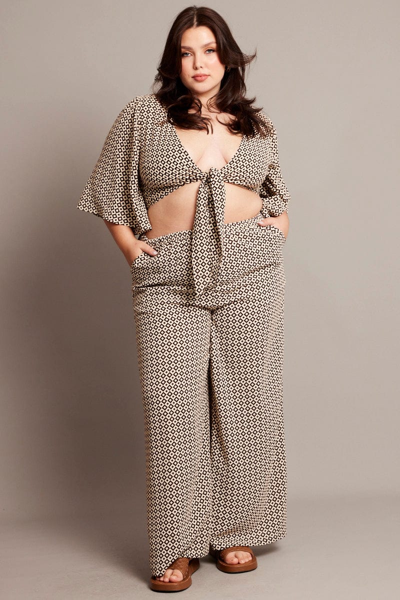 Brown Geo Drawstring Waist Wide Leg Pants - Image 3