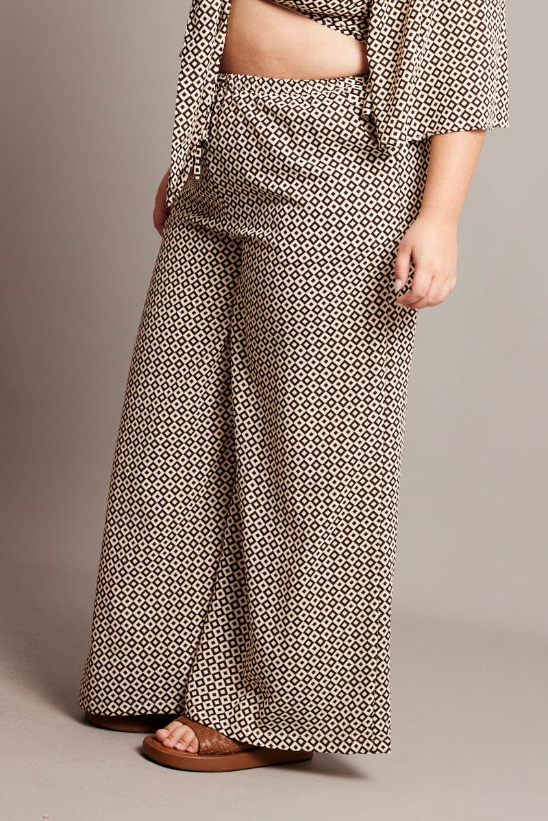 Brown Geo Drawstring Waist Wide Leg Pants - Image 4
