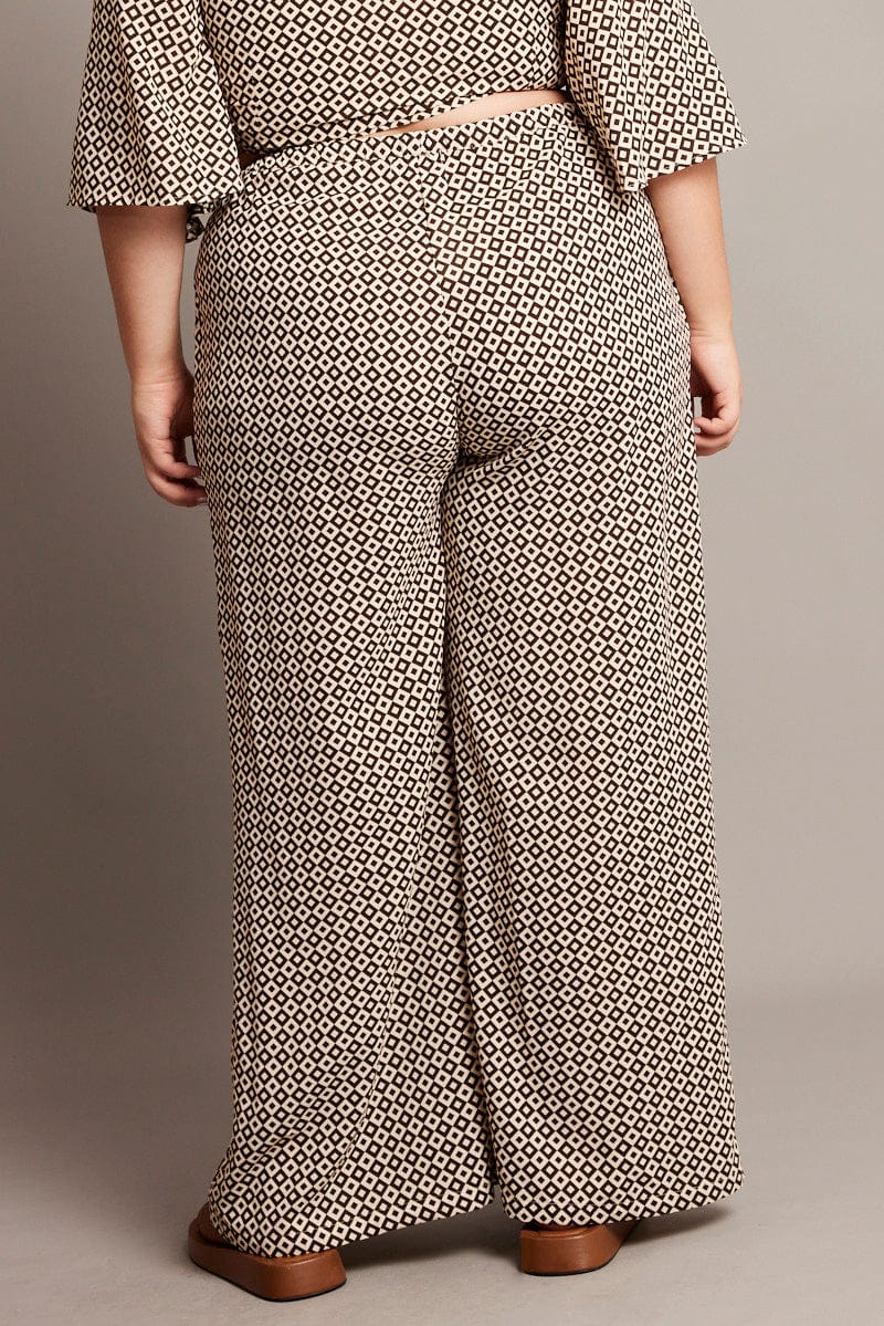 Brown Geo Drawstring Waist Wide Leg Pants - Image 5