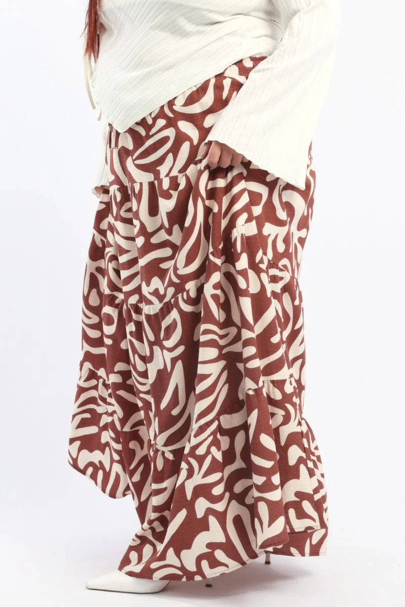 Brown Geo Linen Blend Tiered Maxiskirt - Image 4