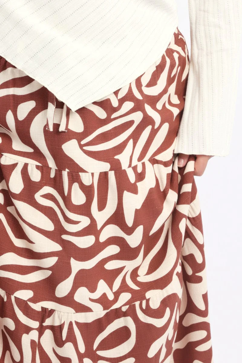 Brown Geo Linen Blend Tiered Maxiskirt - Image 6