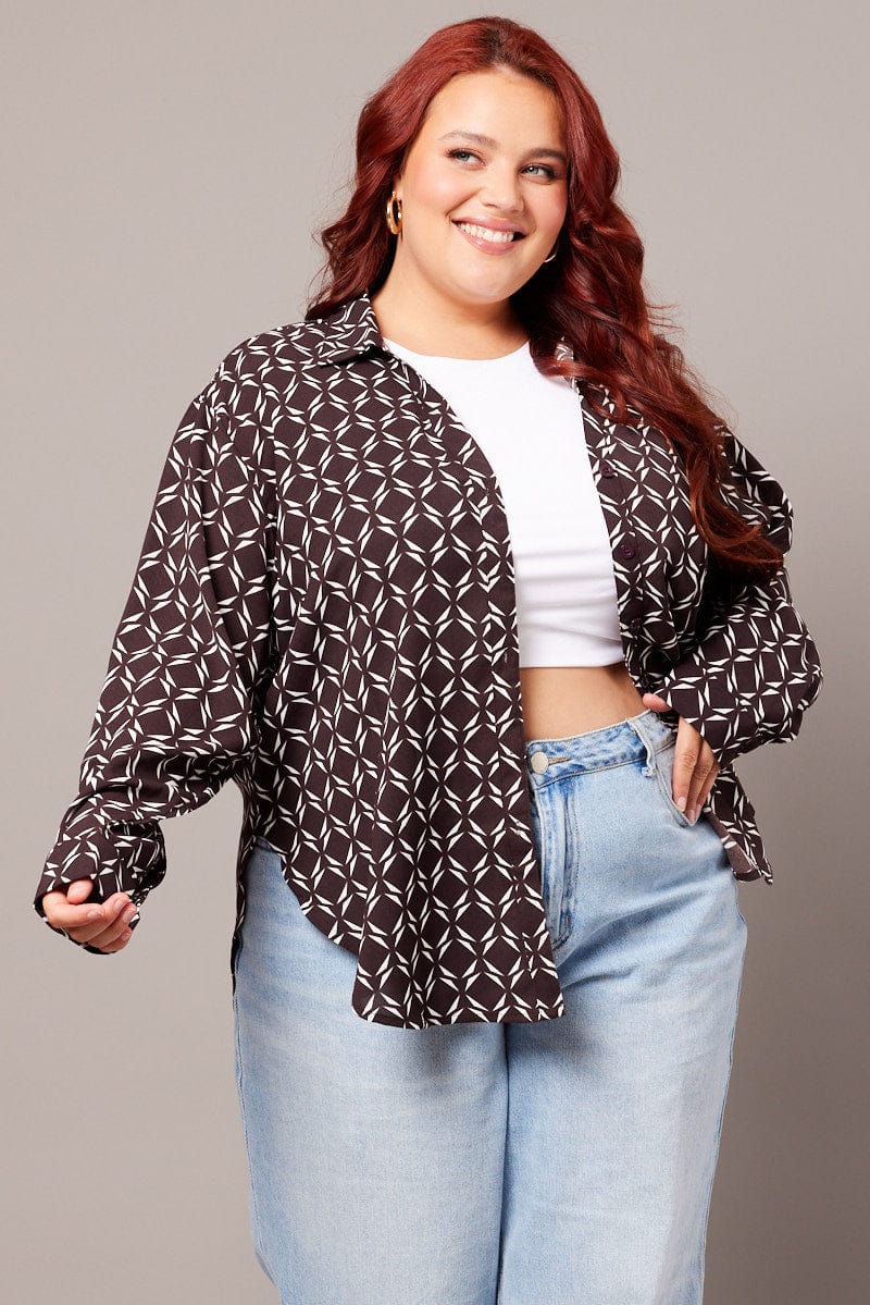 Brown Geo Relaxed Shirt Long Sleeve