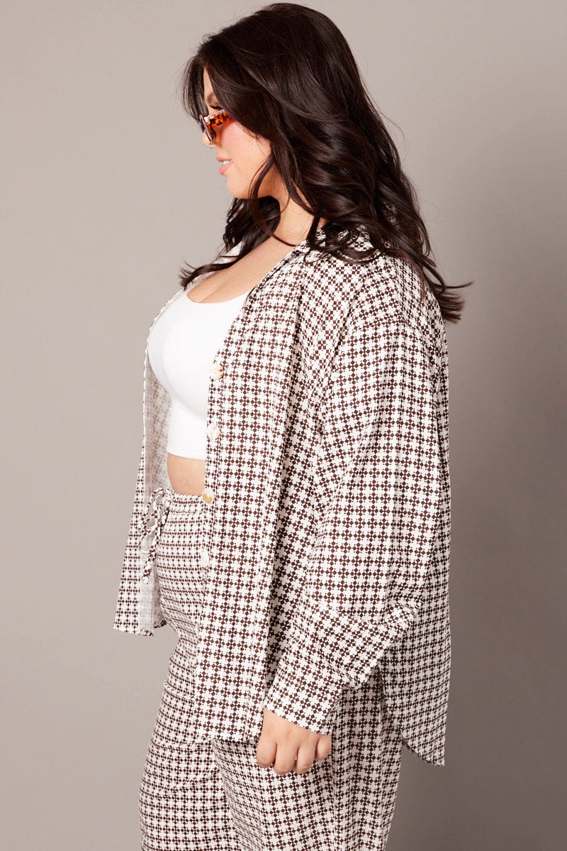 Brown Geo Relaxed Shirt Long Sleeve Linen Blend - Image 4