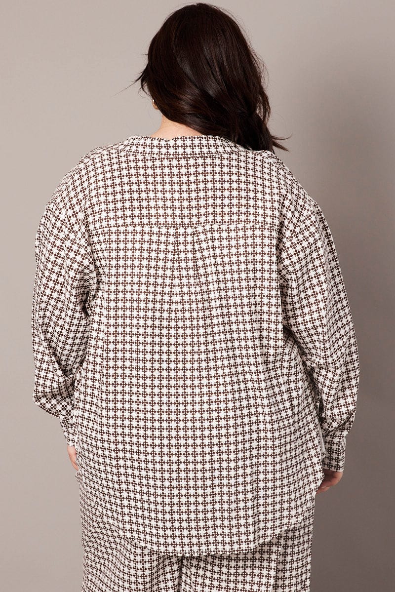 Brown Geo Relaxed Shirt Long Sleeve Linen Blend - Image 5