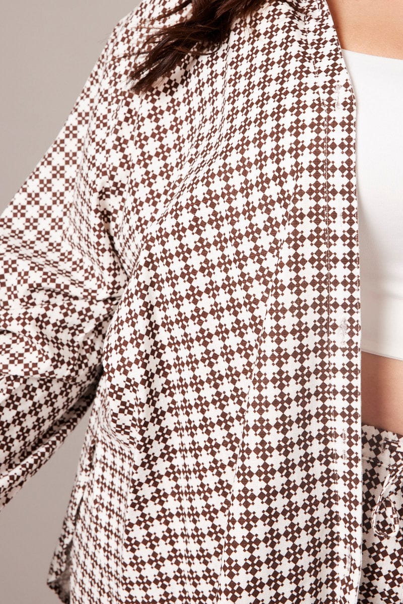 Brown Geo Relaxed Shirt Long Sleeve Linen Blend - Image 6