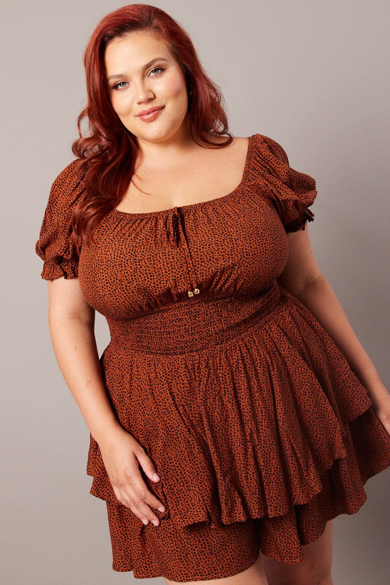 Brown Geo Ruffle Playsuit Short Sleeve Ruched Bust