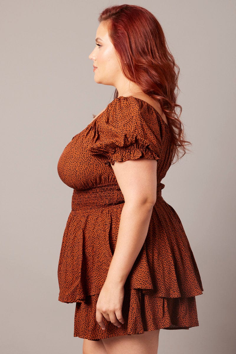 Brown Geo Ruffle Playsuit Short Sleeve Ruched Bust - Image 4