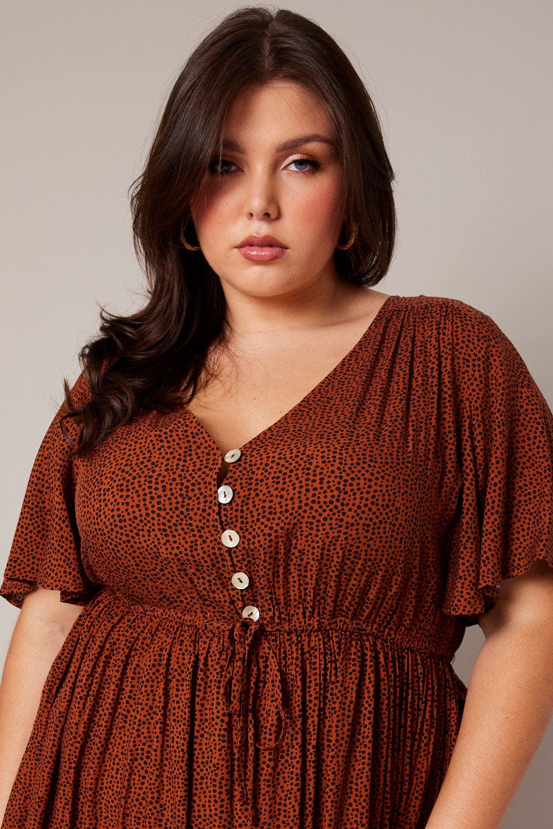 Brown Geo Shell Button Mini Dress - Image 2