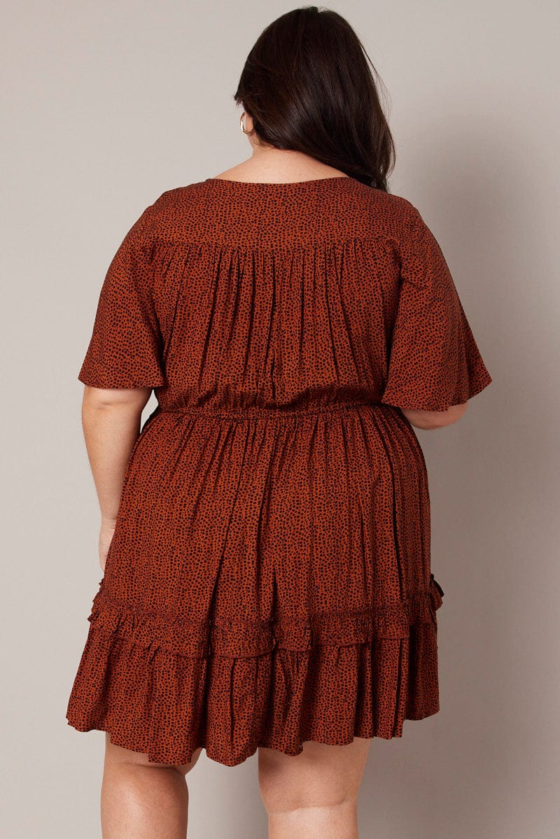 Brown Geo Shell Button Mini Dress - Image 5