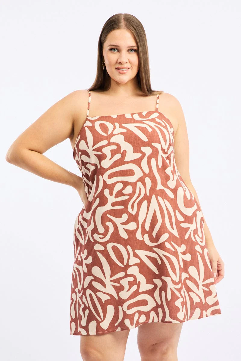 Brown Geo Shoestring Strap Linen Blend Easyfit Minidress