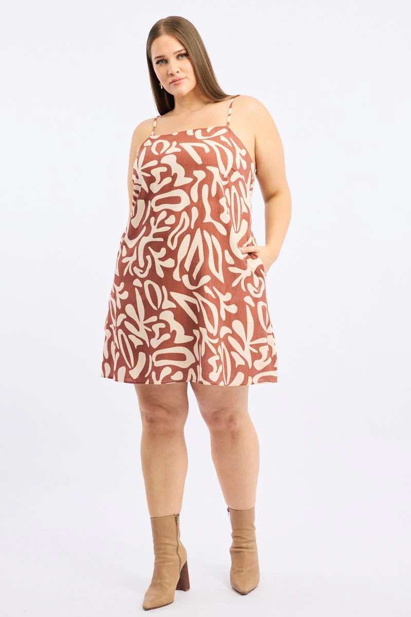 Brown Geo Shoestring Strap Linen Blend Easyfit Minidress - Image 5