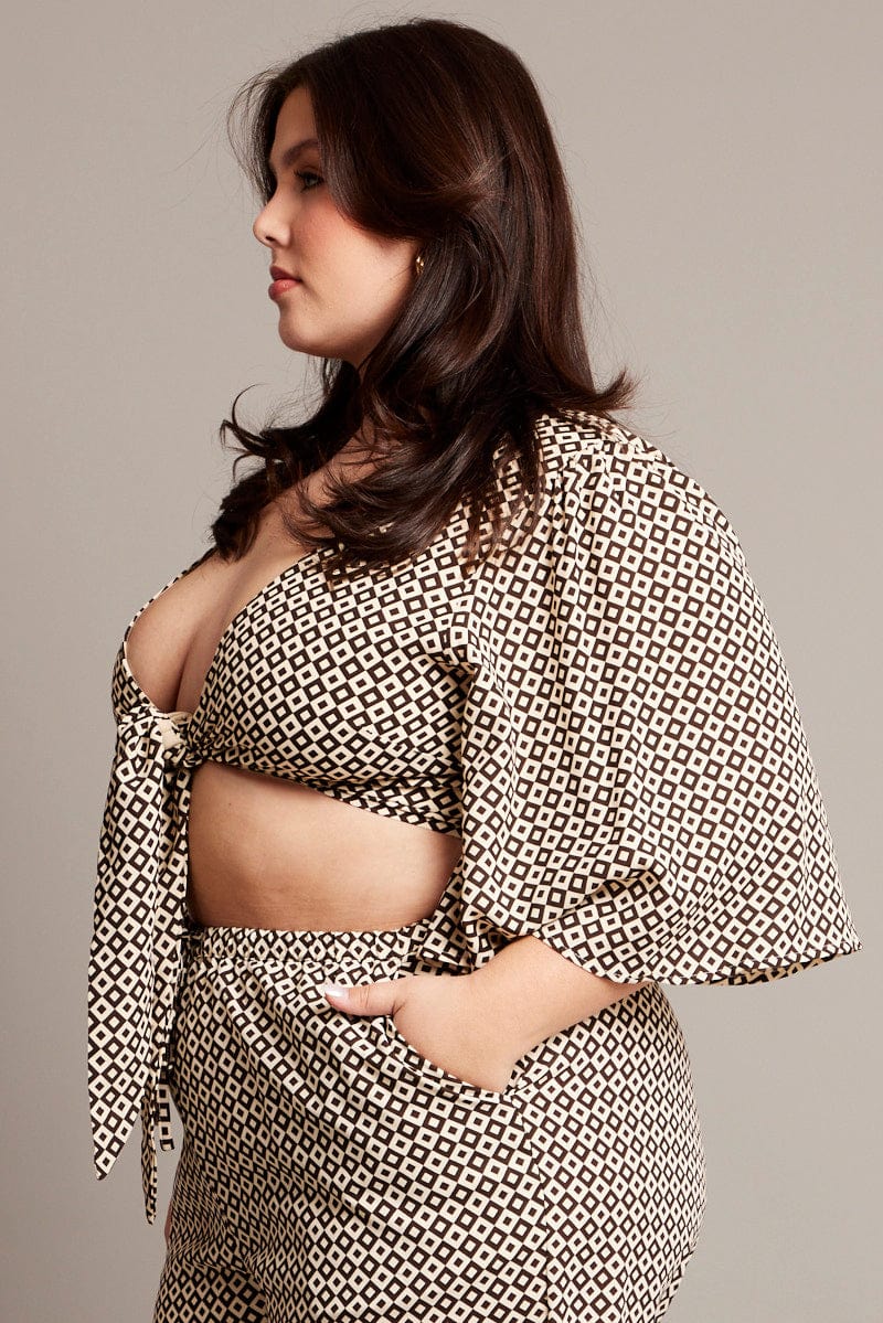 Brown Geo Tie Front Bolero Top - Image 4