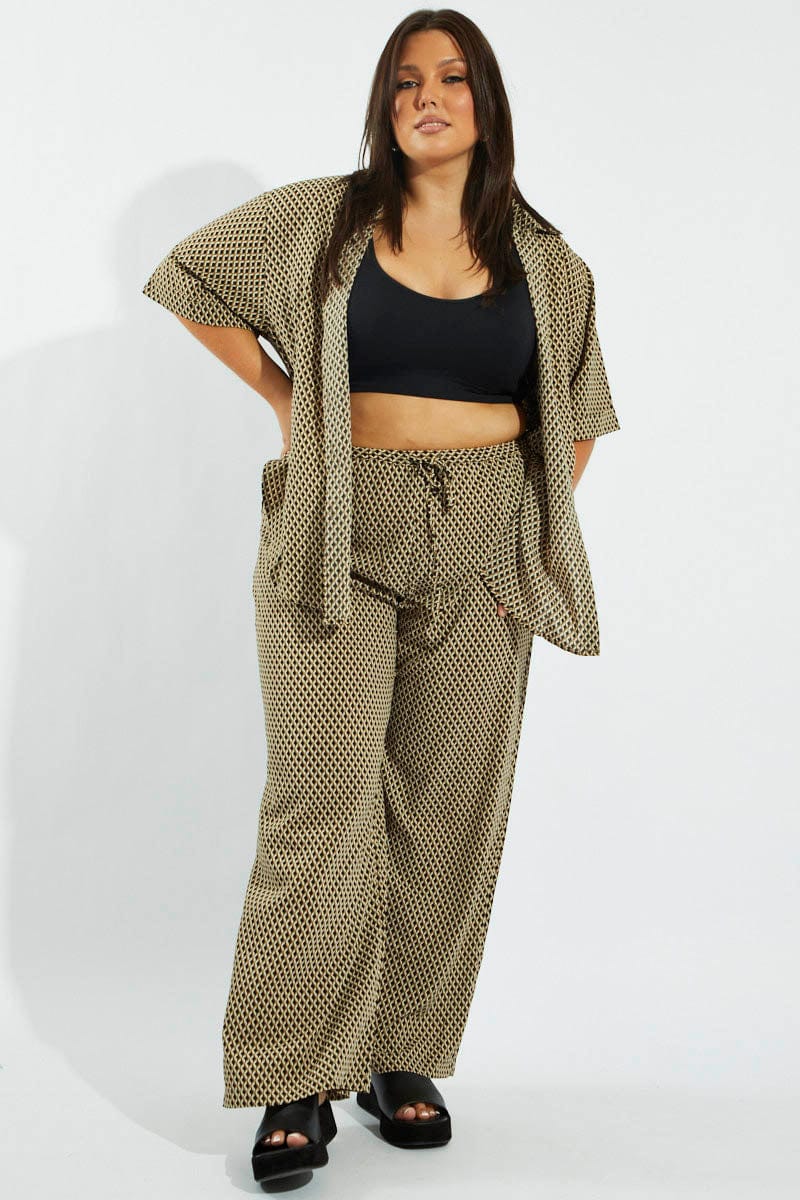 Brown Geo Wide Leg Pants High Rise - Image 3