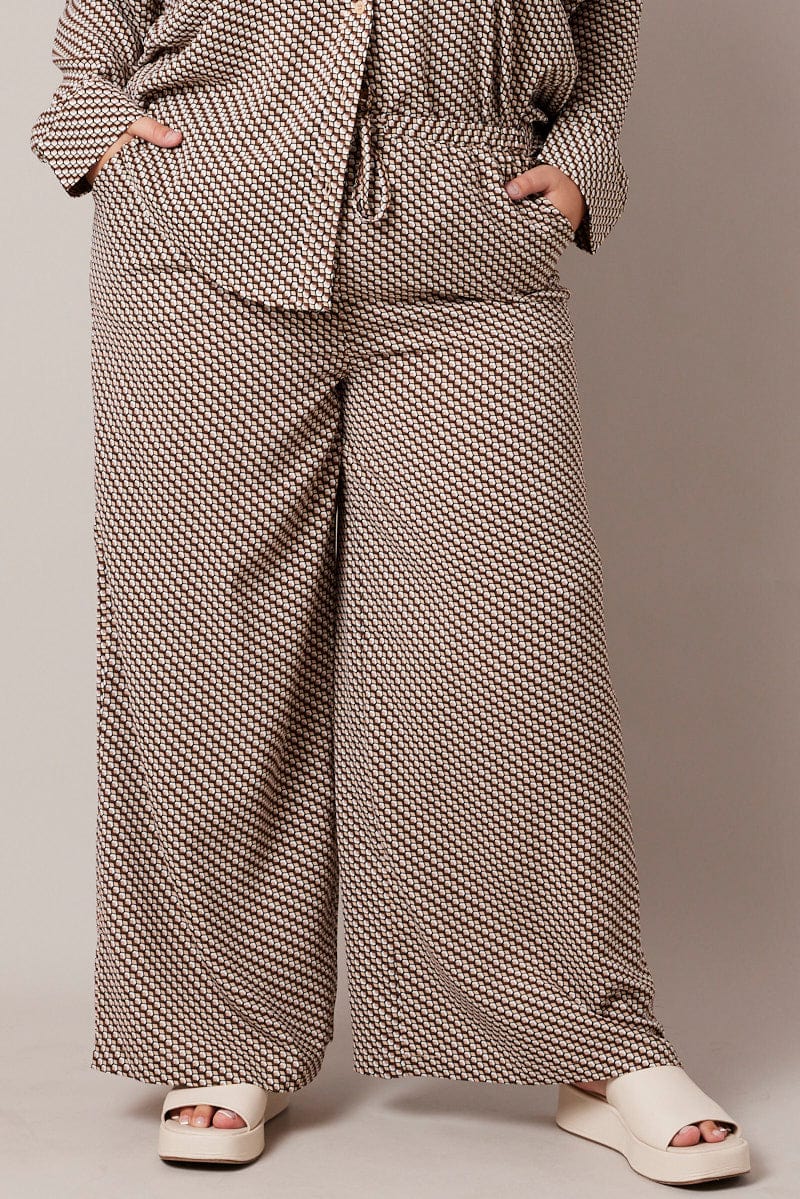 Brown Geo Wide Leg Pants High Rise