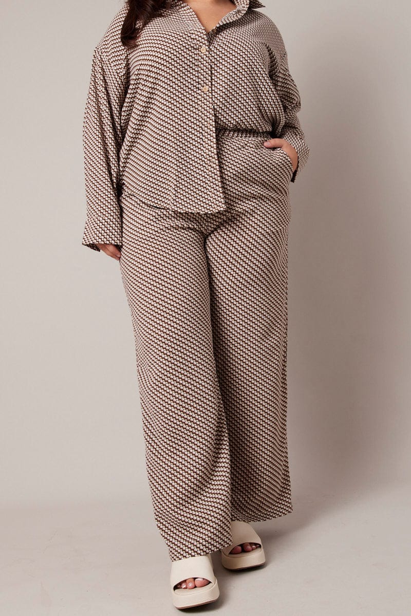 Brown Geo Wide Leg Pants High Rise - Image 3