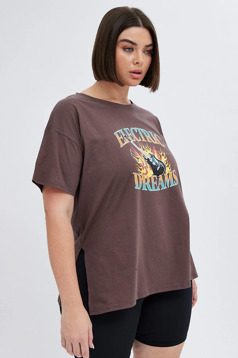Brown Graphic T-shirt Electric Dreams Print - Image 3